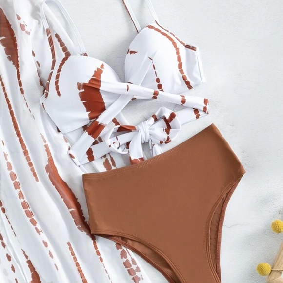 SHEIN Size L 3 piece Brown Tie Dye Crisscross Tie Back Push Up Bikini Swimsuit - Picture 3 of 13